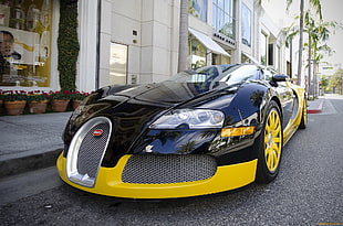 black and yellow Ford Mustang, car, luxury cars, Bugatti, Bugatti Veyron