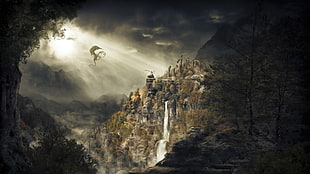 dragon above mountain wallpaper, The Elder Scrolls V: Skyrim, dragon, fantasy art, video games