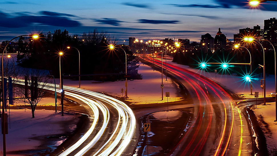 orange and green post lamps, cityscape, long exposure, road, light trails HD wallpaper