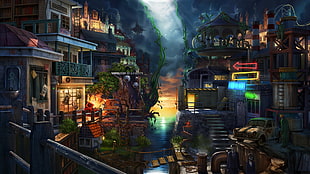 body of water in between of houses painting, fantasy art, environment, sky, roots HD wallpaper