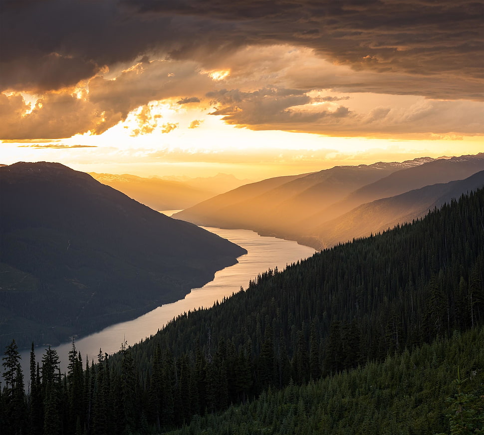 body of water between mountains, Revelstoke, mountains, river, sunset HD wallpaper