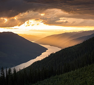 body of water between mountains, Revelstoke, mountains, river, sunset