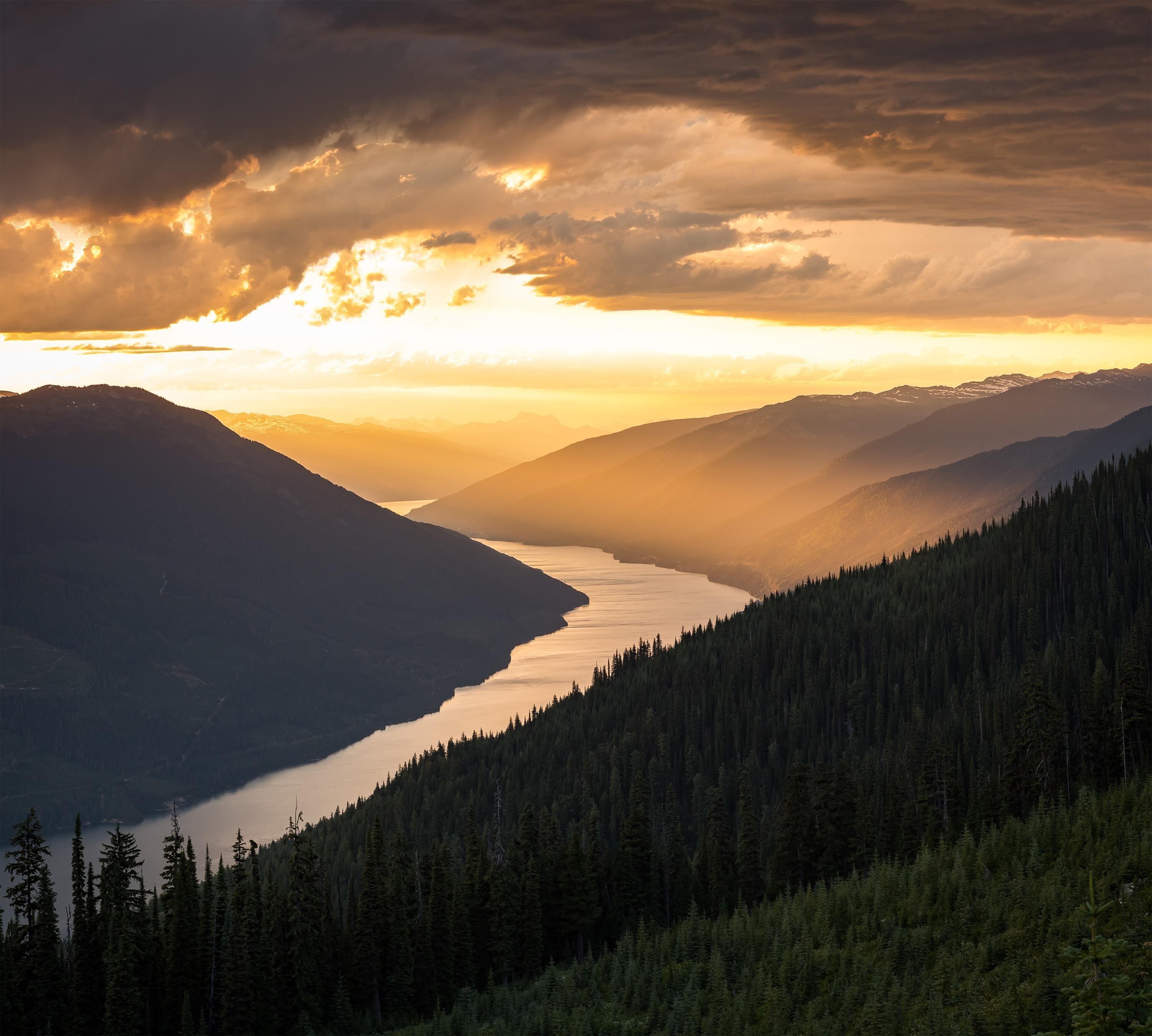 body of water between mountains, Revelstoke, mountains, river, sunset