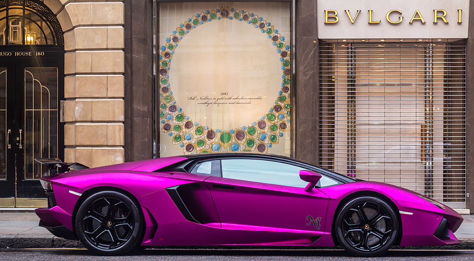 purple sports car near Bvlgari store HD wallpaper