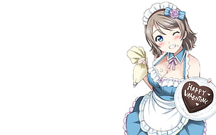 female holding chocolate heart cake anime illustration, Love Live! Sunshine, Watanabe You, anime, white  background