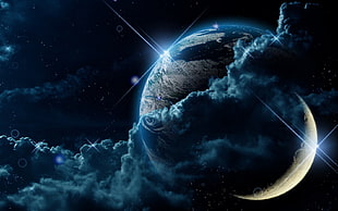 earth and moon illustration, space art, space, digital art