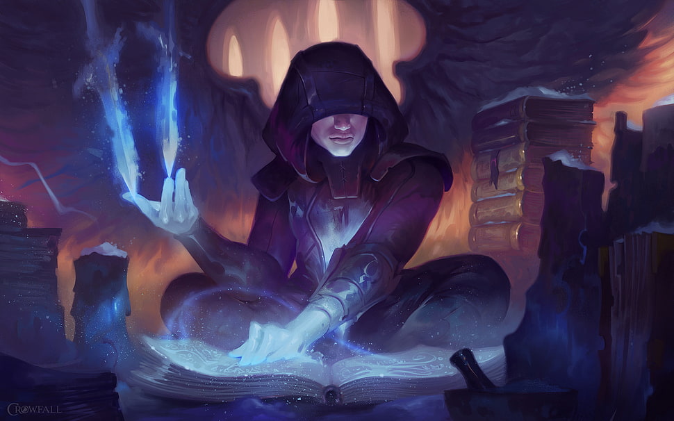 person wearing hooded robe while reading book illustration, magic, angel, fantasy art, Dave Greco HD wallpaper