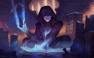 person wearing hooded robe while reading book illustration, magic, angel, fantasy art, Dave Greco