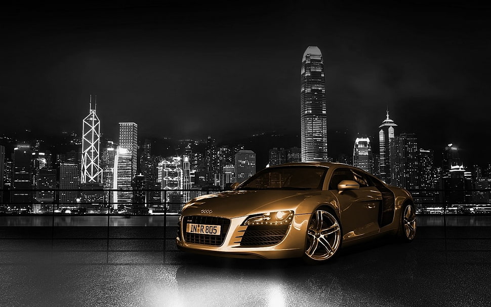 gold sport car, Audi, selective coloring, cityscape, vehicle HD wallpaper