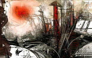 gray, red, and white graphics wallapaper