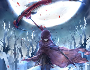 anime character holding scythe with withered trees background
