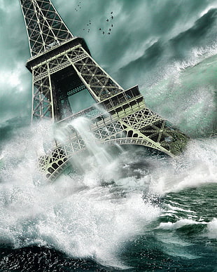 Eiffel Tower being ravaged by water waves illustration, Eiffel Tower, apocalyptic, digital art, Paris