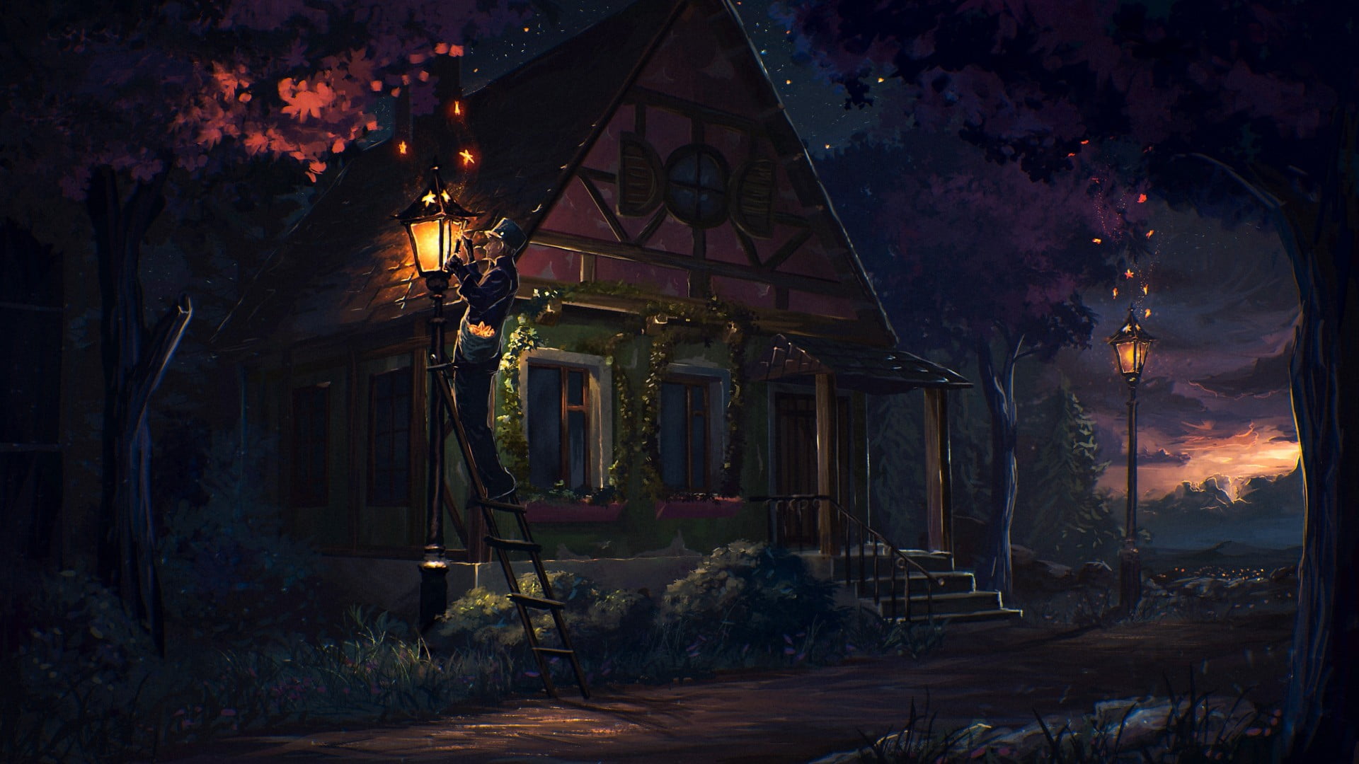 house painting, fantasy art, digital art, street light, house