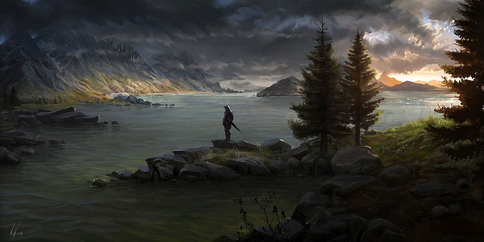 body of water painting, landscape, artwork, The Elder Scrolls V: Skyrim, fantasy art HD wallpaper