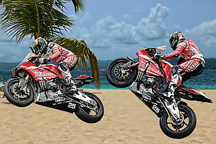 two man in red Yamaha motocross outfit riding Milwaukee sticker printed sports bike