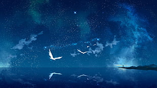 bird flying above the ocean illustration, sky, stars, sea, light house