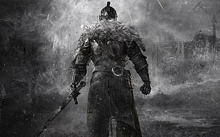 grayscale photo of warrior holding sword
