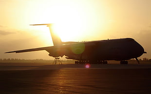 white passenger plane, airplane, silhouette, sunlight, Lockheed C-5 Galaxy