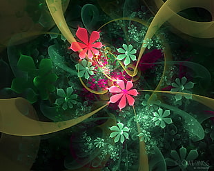 green, black, and red flowers digital wallpaper