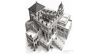 gray and white building scale model, artwork, optical illusion, M. C. Escher, monochrome