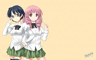 two female anime characters with pink and blue hair