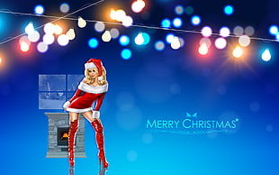 picture of woman in santa claus costume with Merry Christmas text overlay