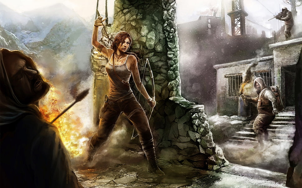 woman carrying arrow and bow game poster HD wallpaper