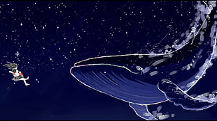 illustration of whale, whale, stars, underwater
