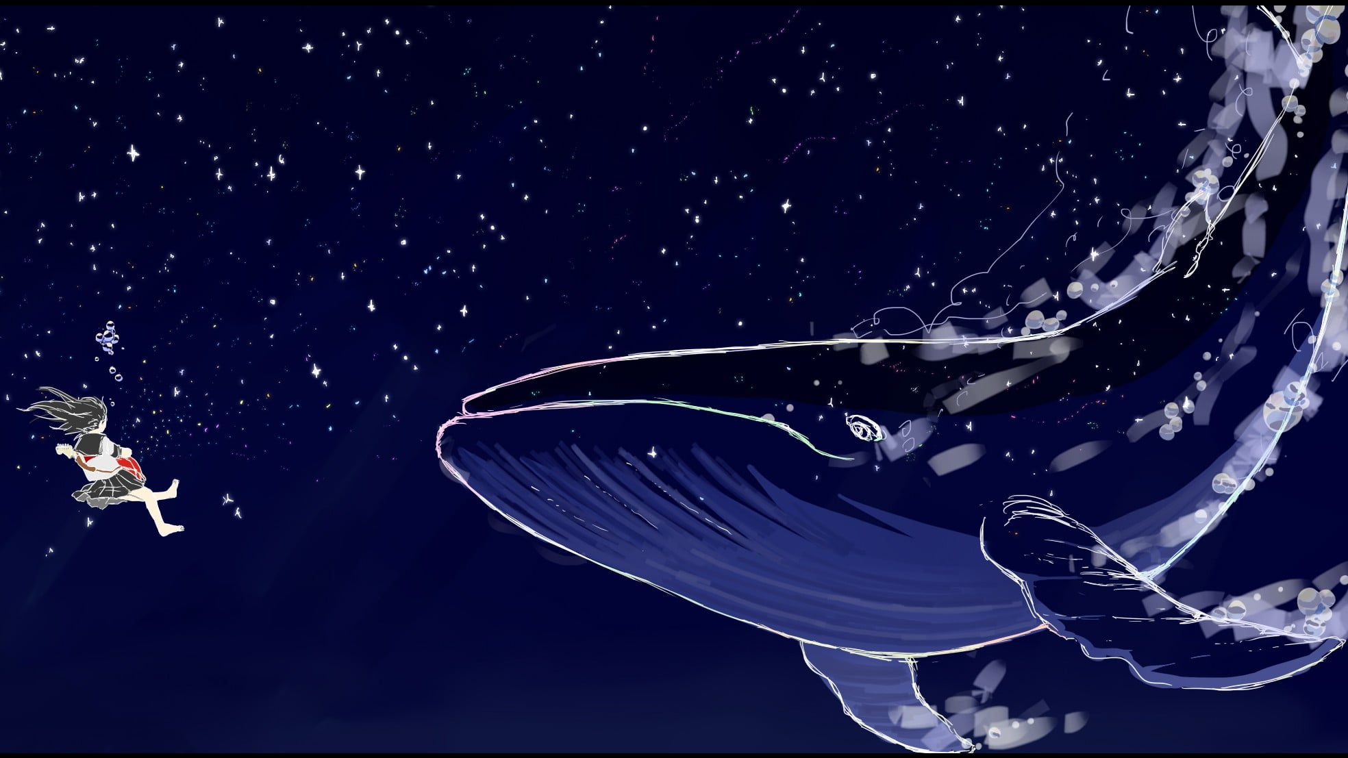 illustration of whale, whale, stars, underwater