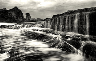 grayscale photography of waterfalls HD wallpaper