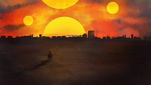 silhouette of man standing near cityscape during sunset painting, landscape, environment, concept art, path