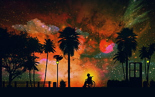 silhouette of palm trees and man on wheelchair painting, night