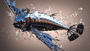 silver fish digital wallpaper, digital art, animals, CGI, render