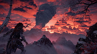 person with bow near mountain wallpaper, Horizon: Zero Dawn, Aloy (Horizon: Zero Dawn), PlayStation 4, screen shot HD wallpaper