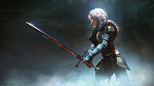 woman holding sword digital wallpaper