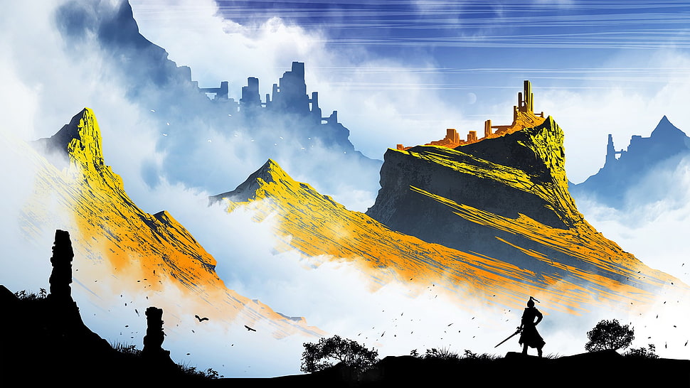 green mountain range digital wallpaper, artwork, illustration, mountains, fantasy art HD wallpaper
