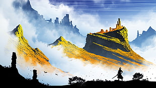 green mountain range digital wallpaper, artwork, illustration, mountains, fantasy art