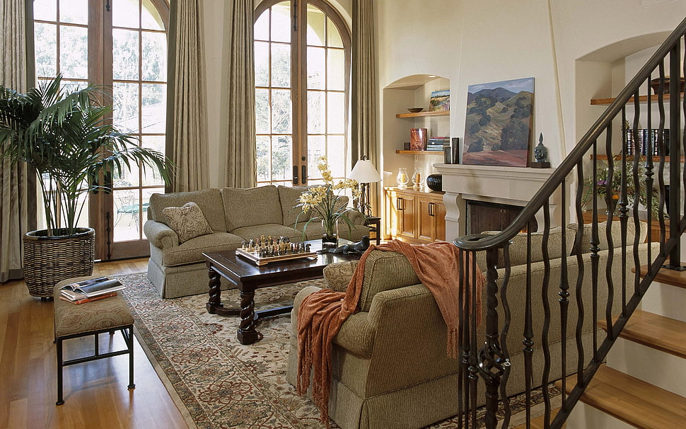 closeup photo of living room near staircase HD wallpaper