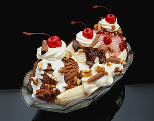 Banana Sundae on white glass bowl