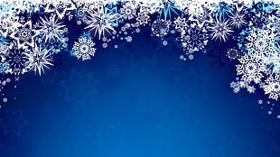blue and white floral textile, vector, snowflakes, blue background, blue