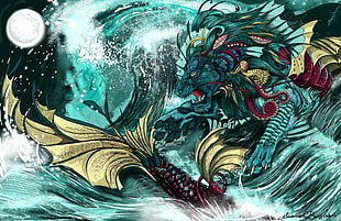 illustration of green dragon and maroon fish, animals