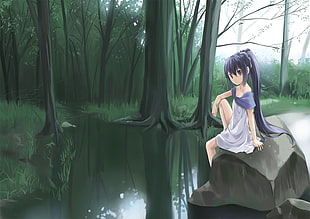 animated illustration of woman sitting on rock near forest