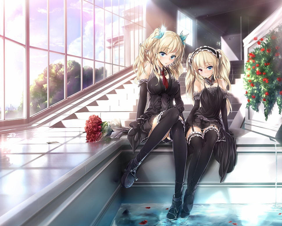 two blonde-haired anime girls sitting on pool side HD wallpaper