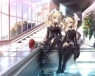 two blonde-haired anime girls sitting on pool side