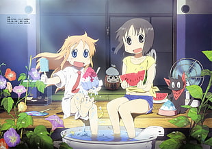 yellow haired female anime character sitting beside gray haired female character eating watermelon