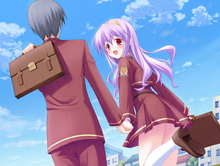 man anime character with black hair and woman anime character with purple hair holding hands photo