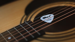 white Cort guitar pick on guitar string HD wallpaper