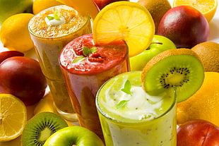 three glasses of fruit shakes HD wallpaper
