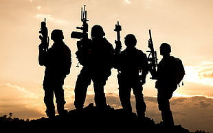 silhouette of four soldiers illustration, military, soldier, sunset, silhouette