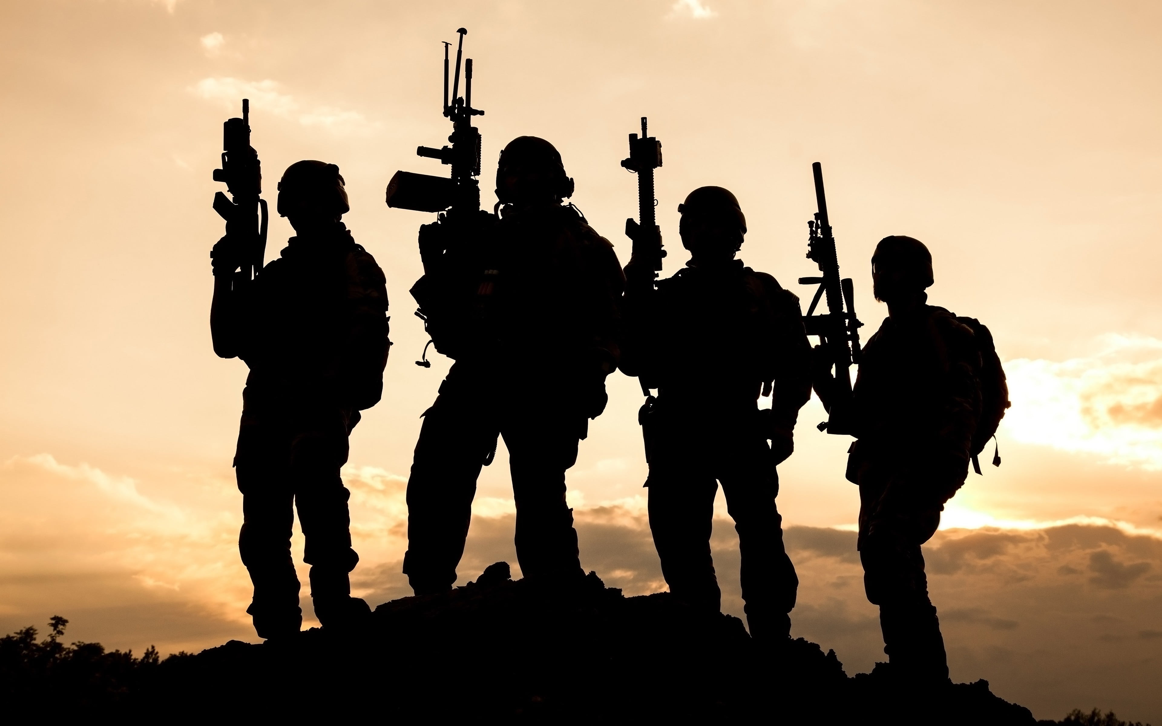 silhouette of four soldiers illustration, military, soldier, sunset, silhouette